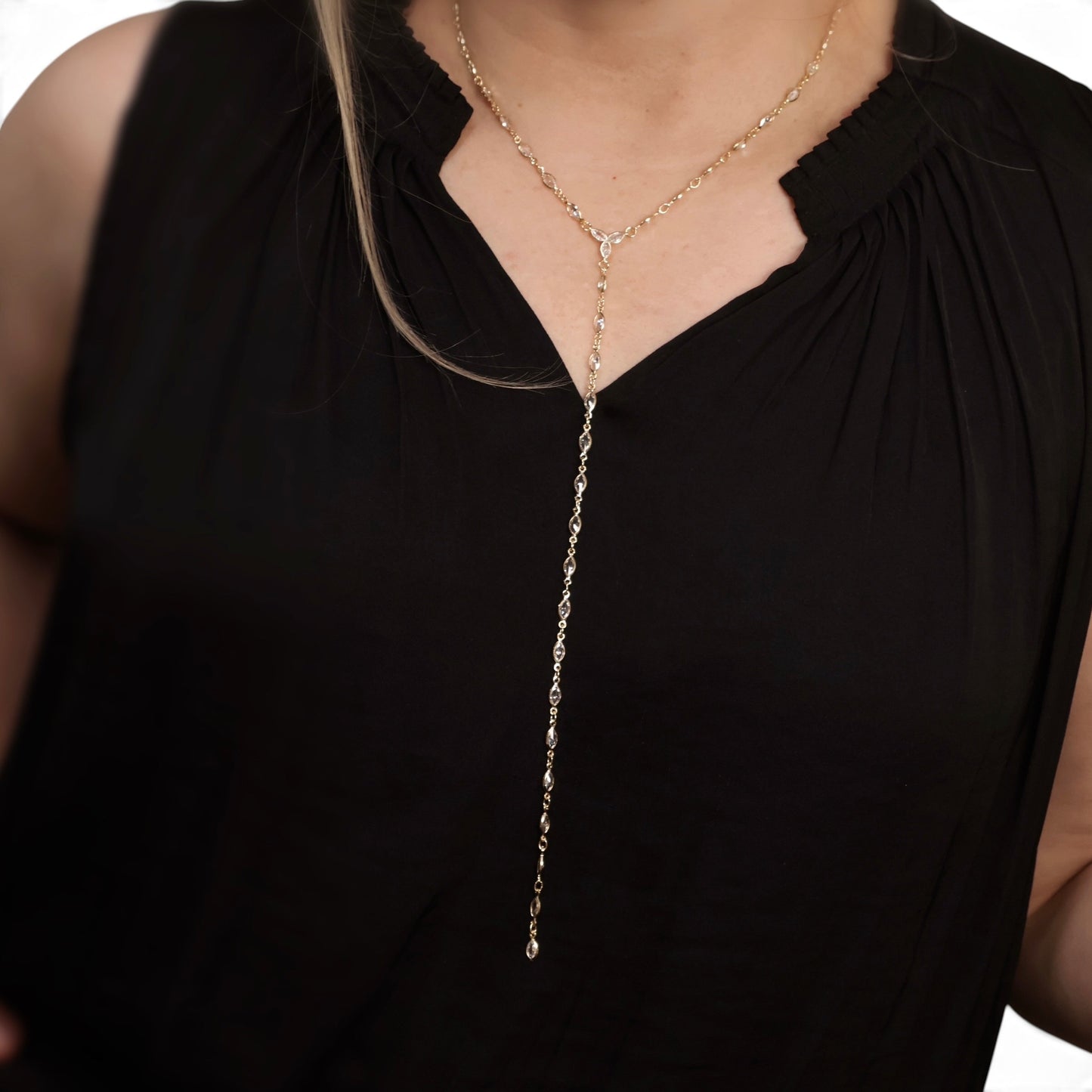 Ellipse Bezel CZ Lariat 18K Gold Filled Necklace