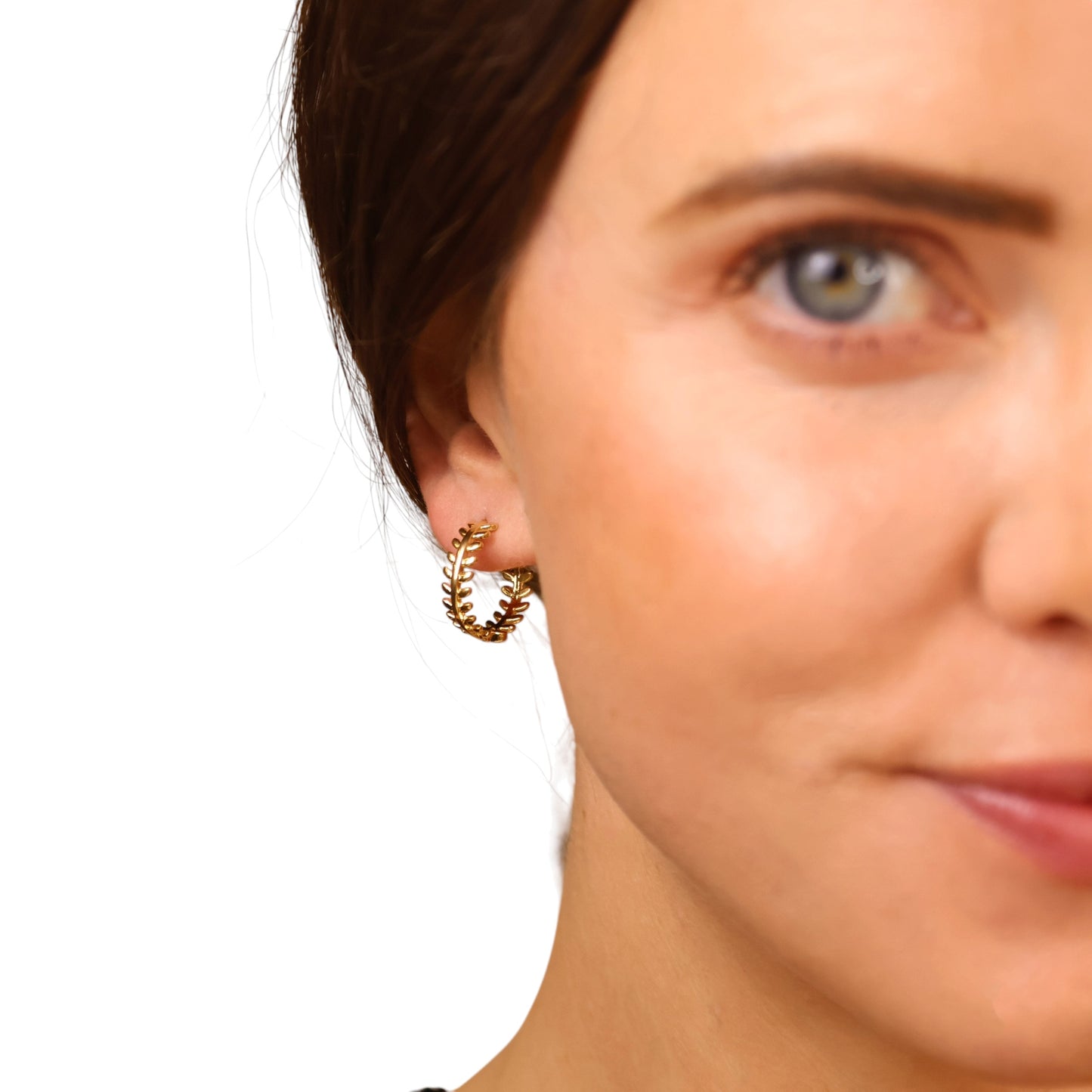 Leaf Huggie Hoop Earrings on Model