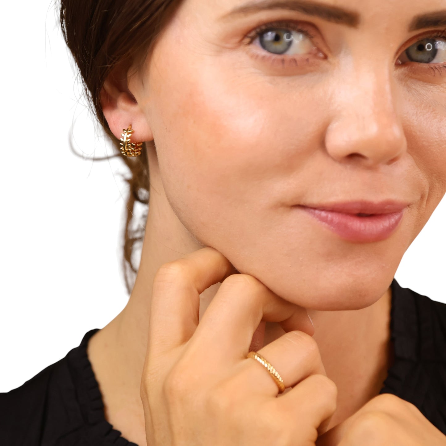 Leaf Huggie Hoop Earrings on Woman