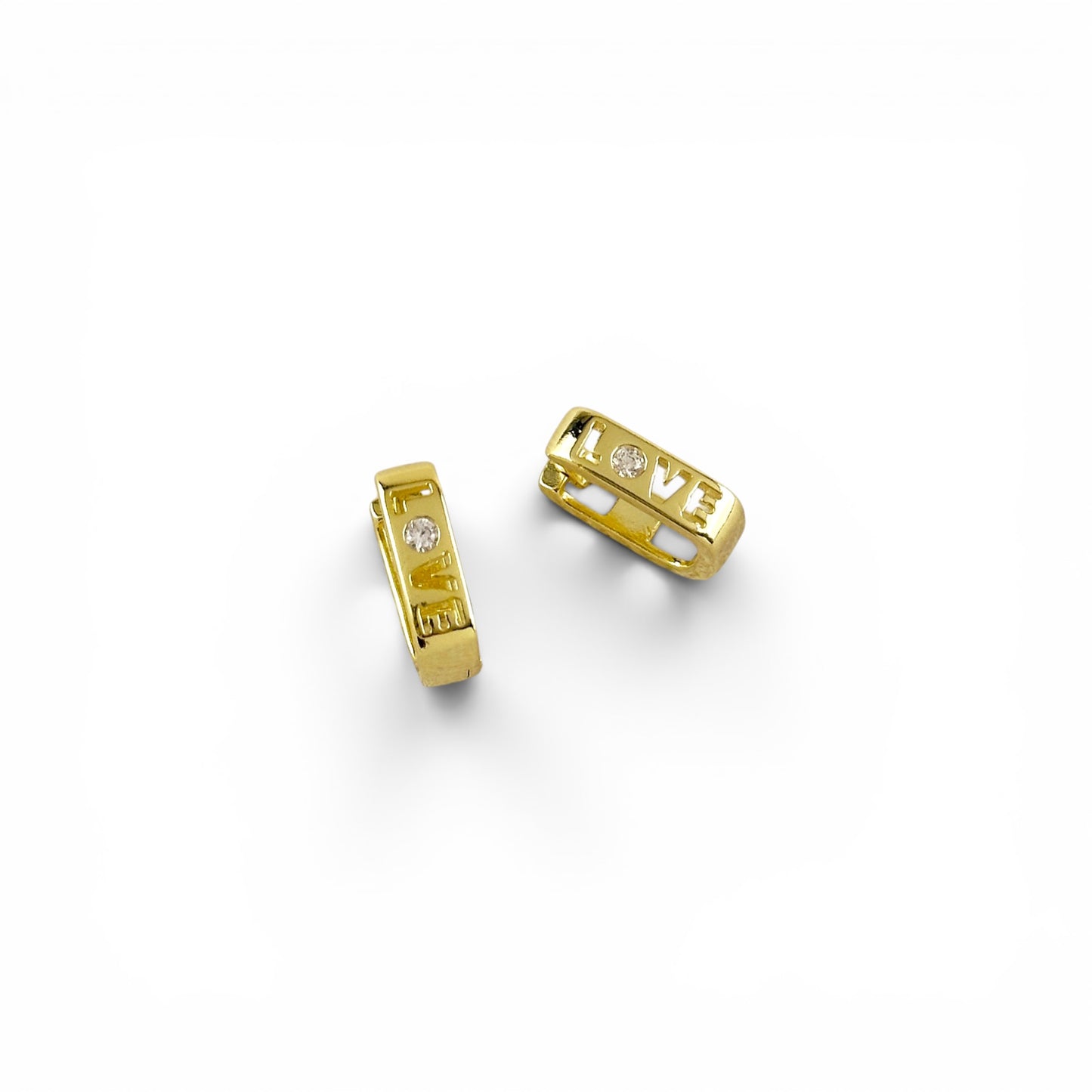 Love Engraved CZ Rectangular 12mm 18K Gold Filled Huggie Earrings