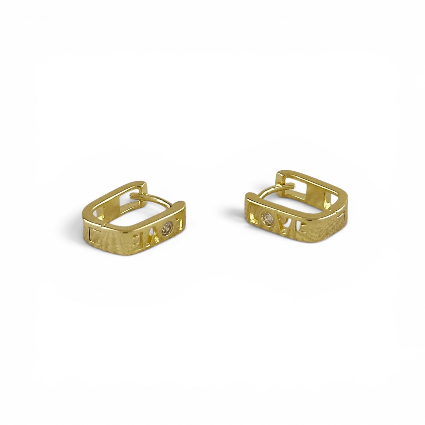 Love Engraved CZ Rectangular 12mm 18K Gold Filled Huggie Earrings