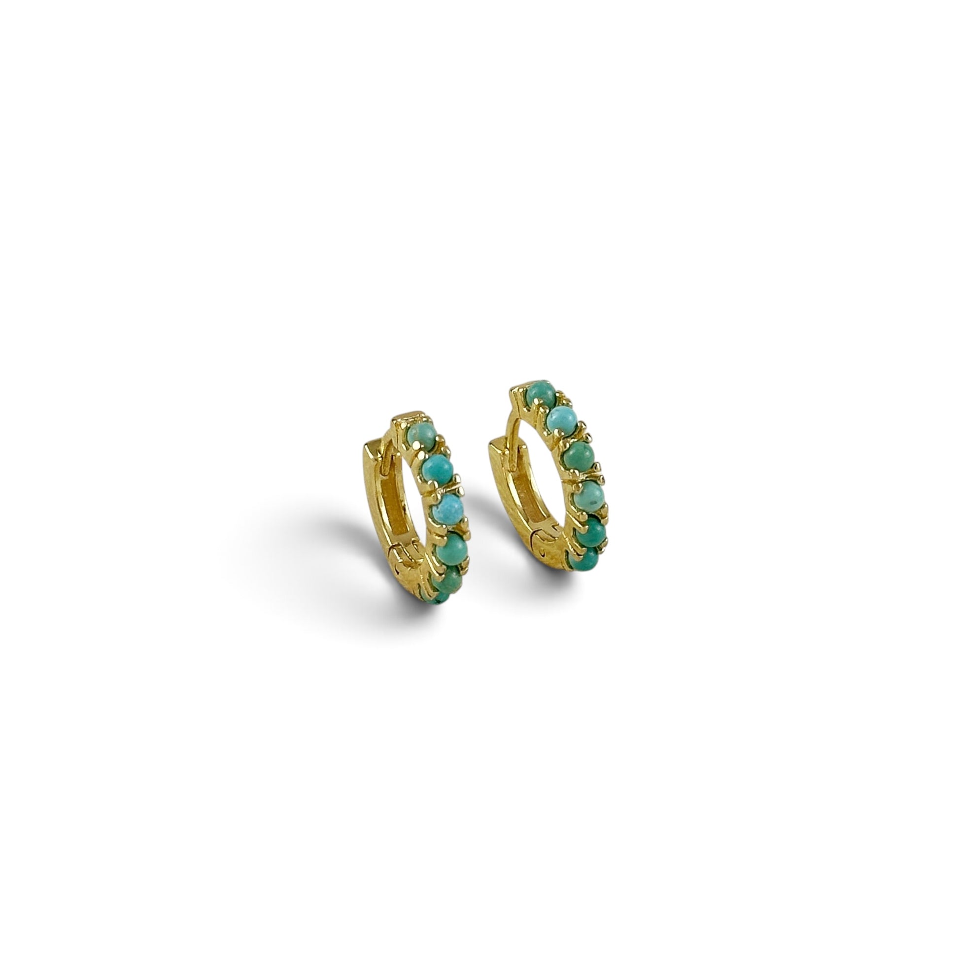 Natural Turquoise Hoop Earrings in 18K Gold Filled on white background