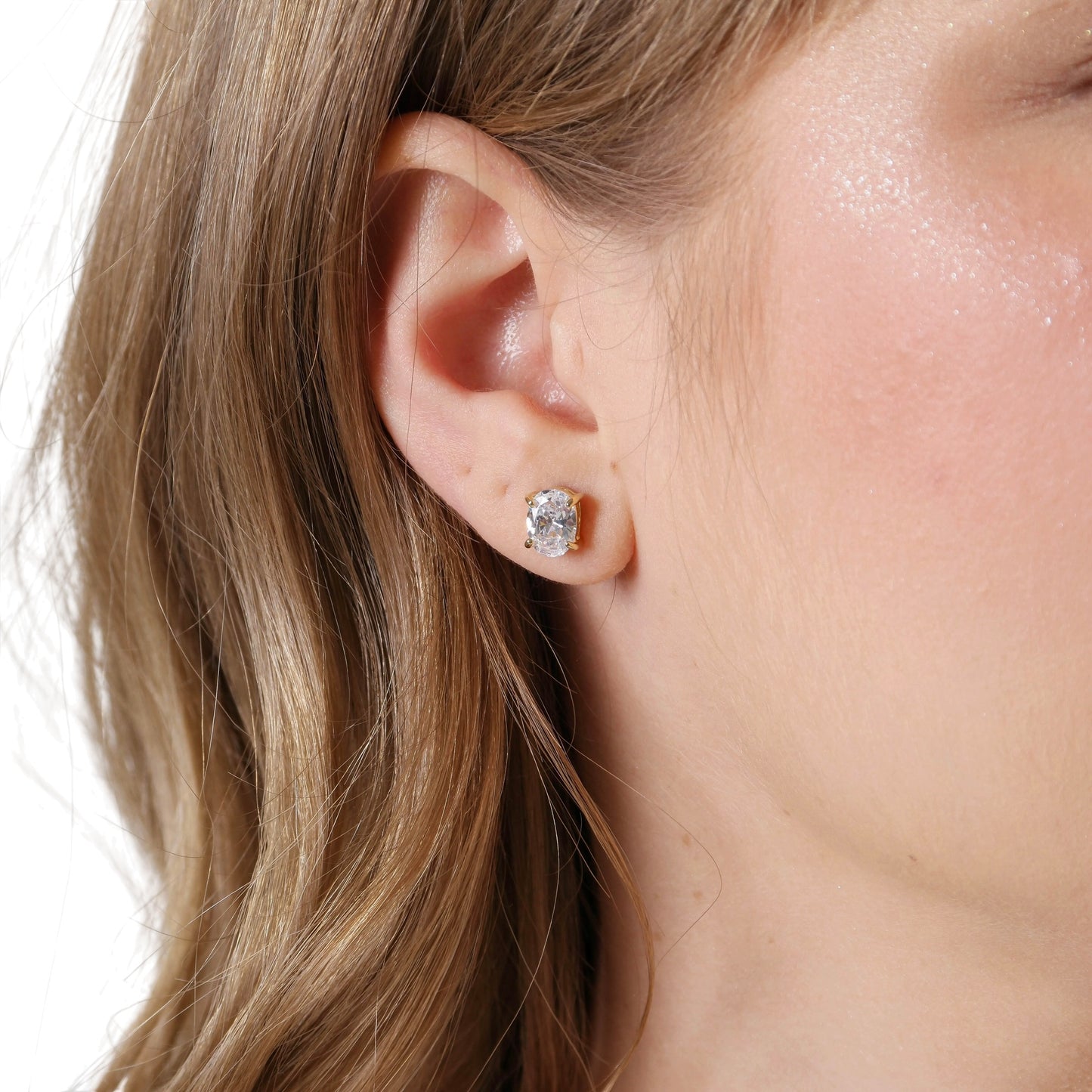 Oval Clear CZ 7mm 18K Gold Filled Stud Earrings on model