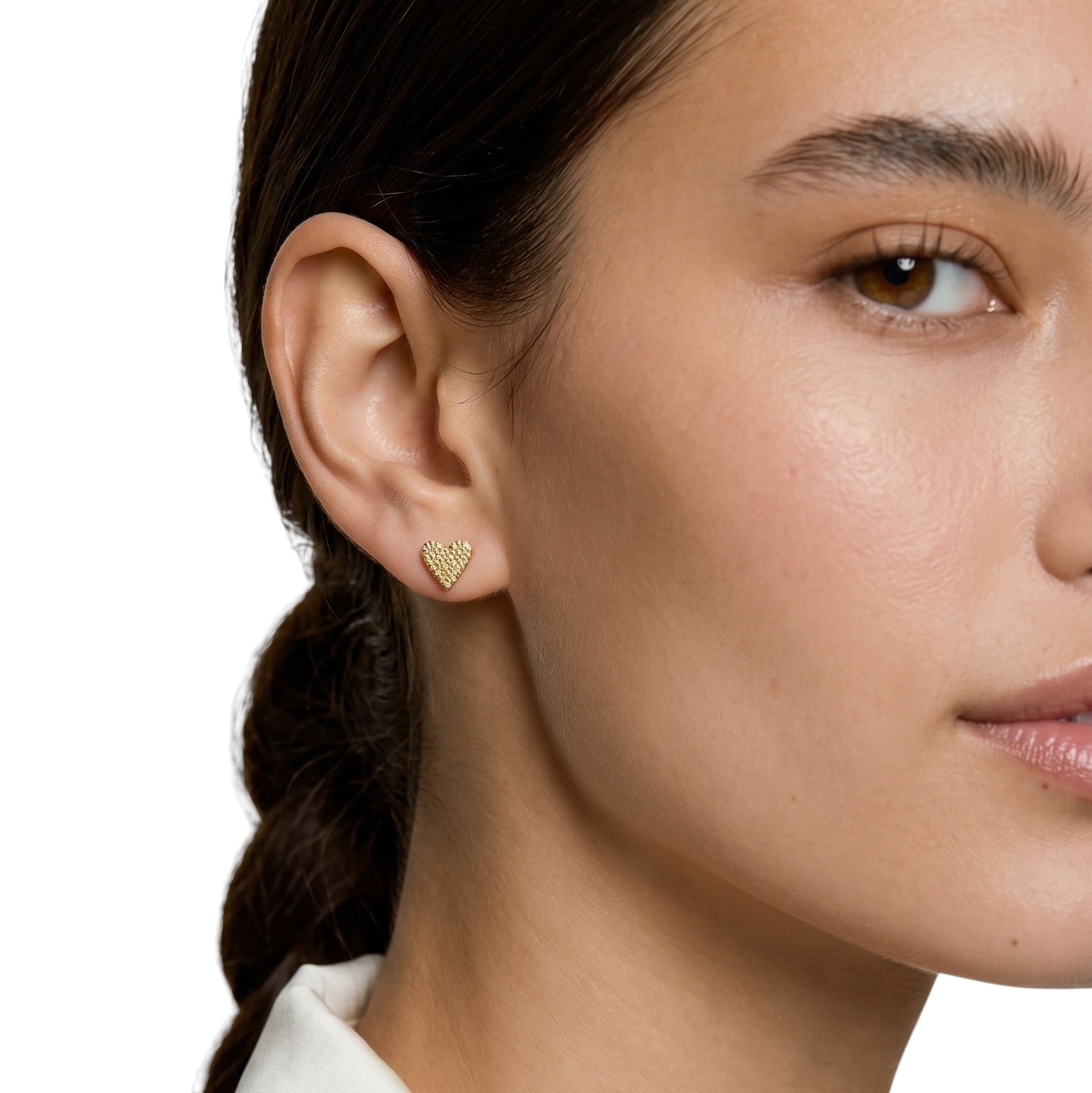 Pavé CZ Heart Stud Earrings on Model