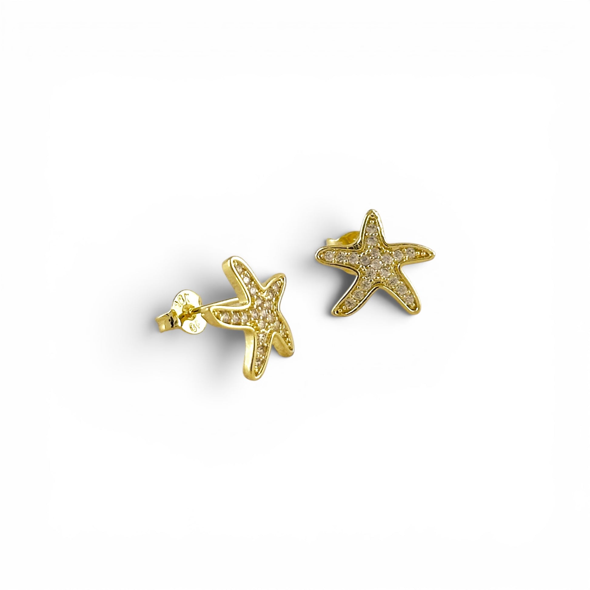 Pavé CZ Sea Star Stud Earrings in 18K Gold Filled on white background
