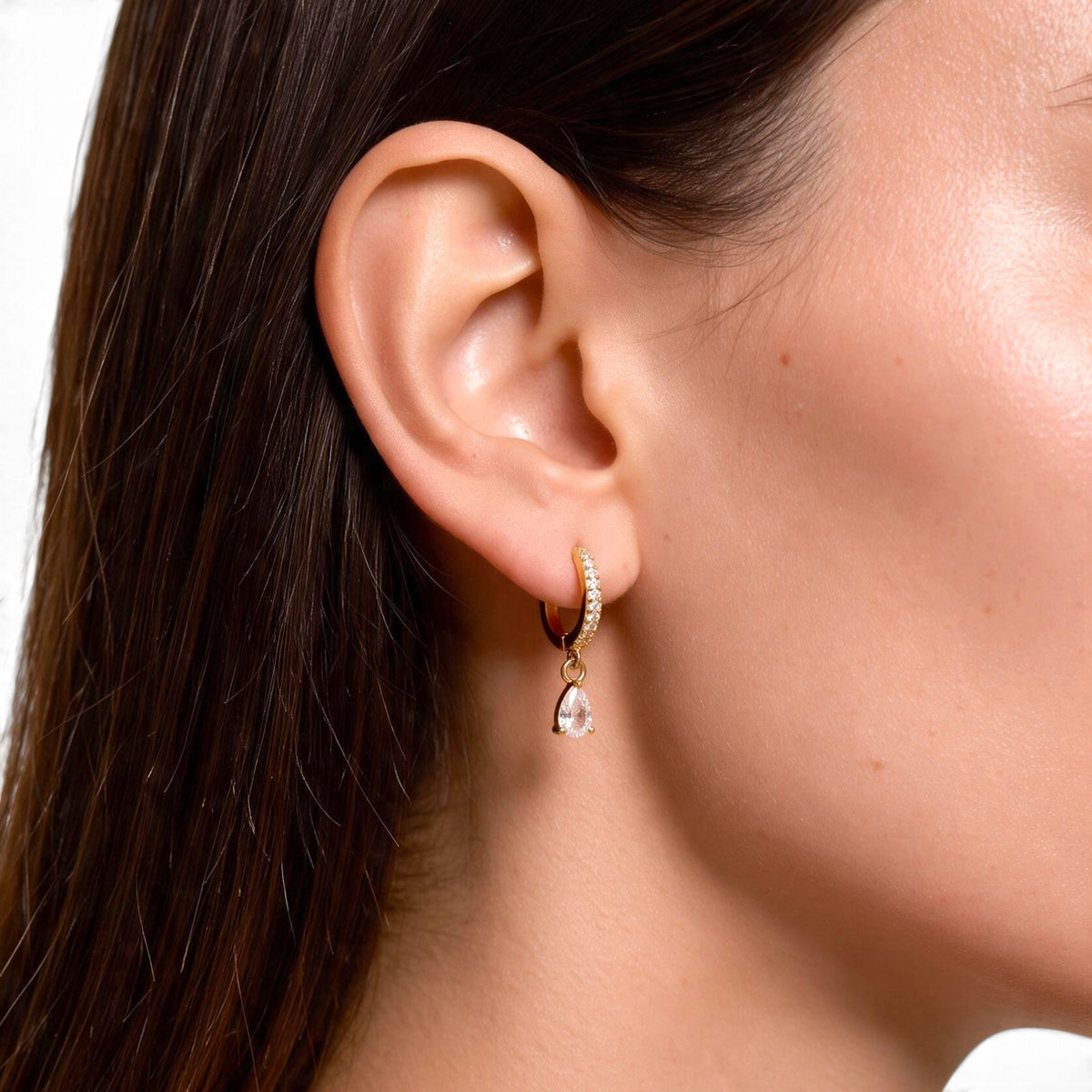 Pear CZ Drop Huggie 18K Gold Filled Hoop Earrings on Model