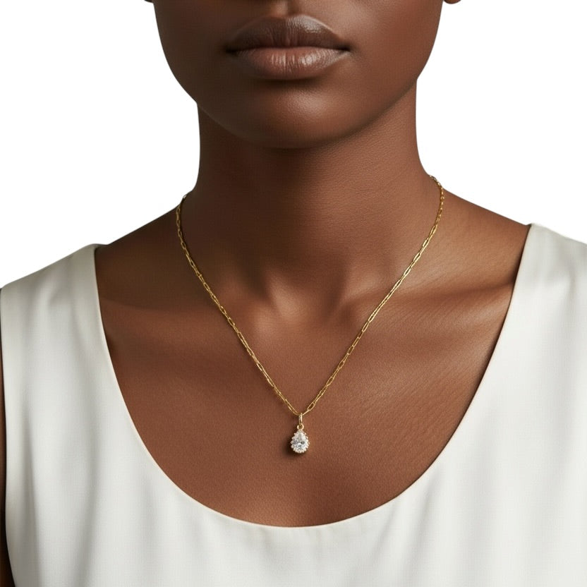 Pear CZ charm necklace on model