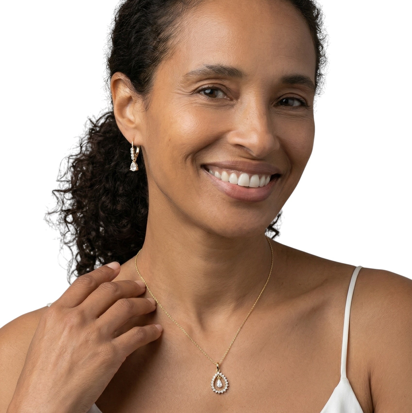 Pear CZ pendant necklace on model close-up