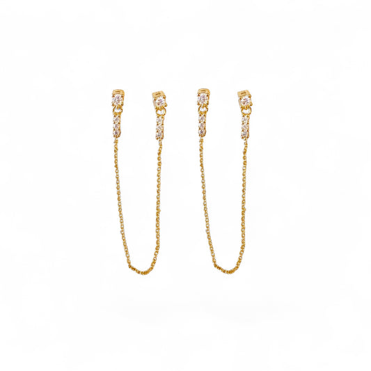 Double Piercing CZ Chain 18K Gold Filled Earrings