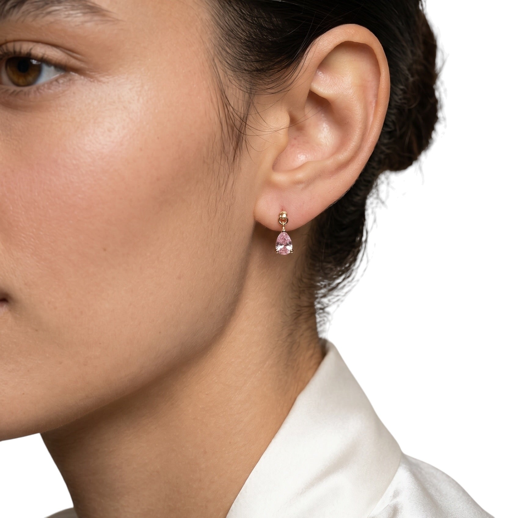 Pink Teardrop CZ 18K Gold Filled Drop Earrings on Model