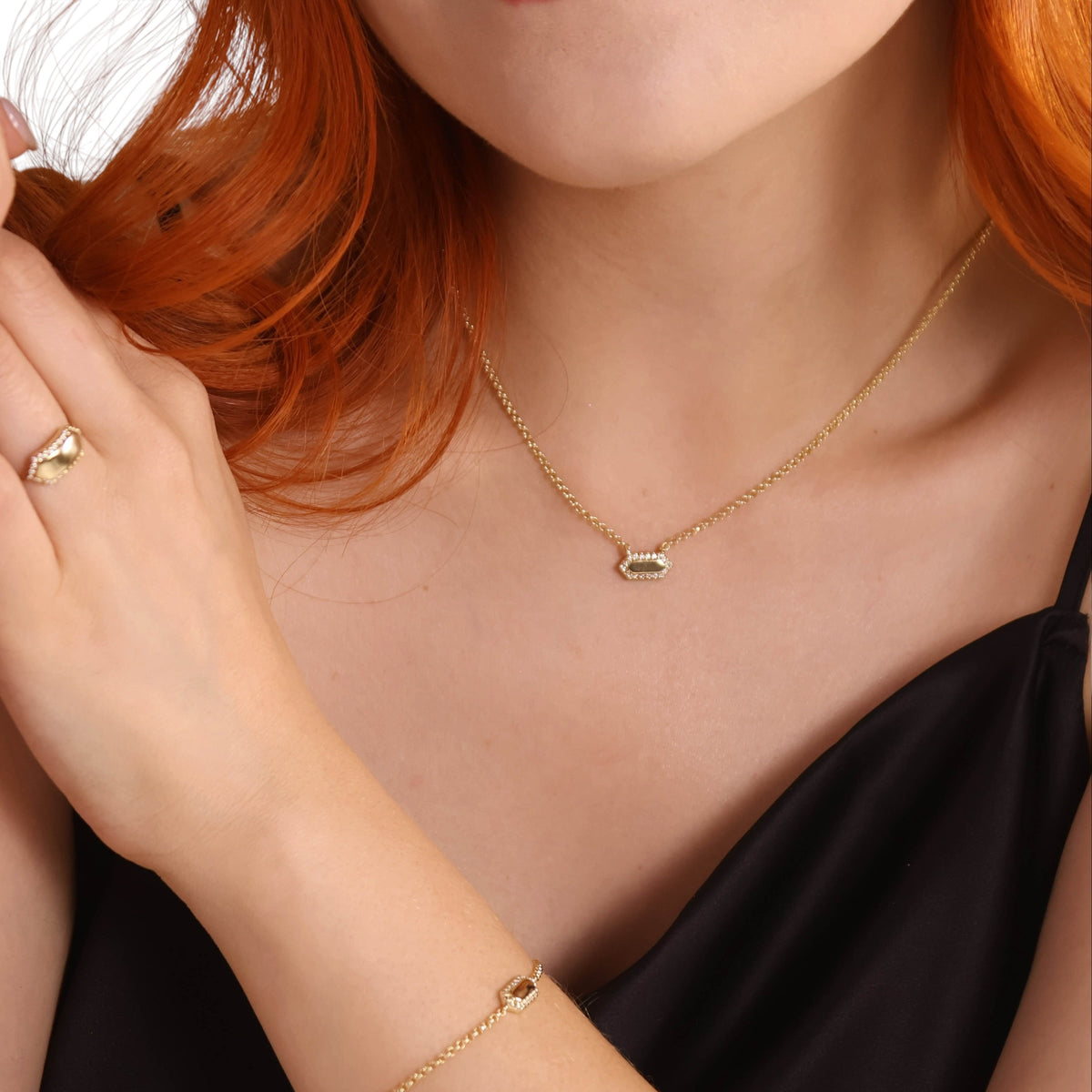 Pointed Rectangle CZ 18K Gold Filled Necklace on Model