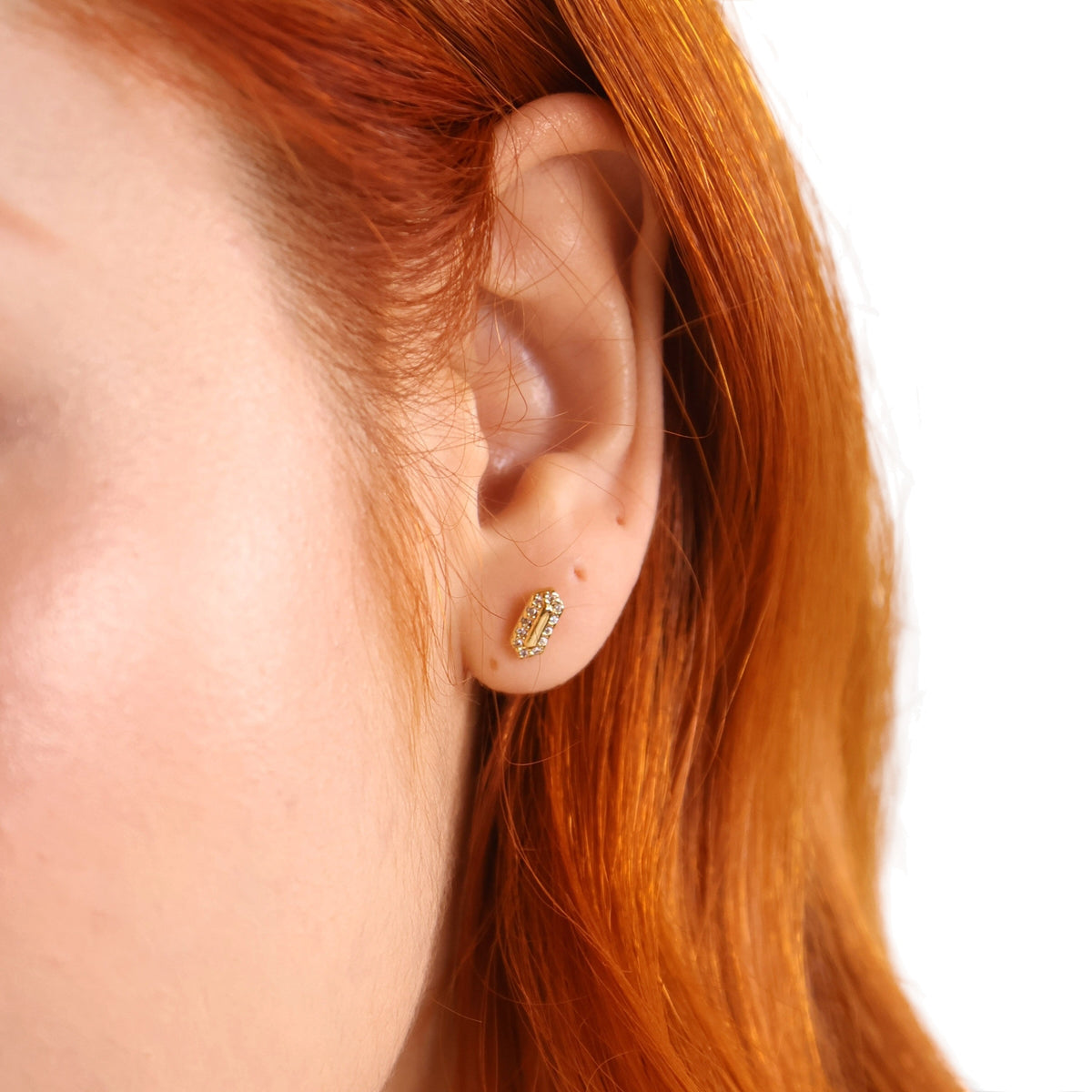 Pointed Rectangle CZ 18K Gold Filled Stud Earrings on Model