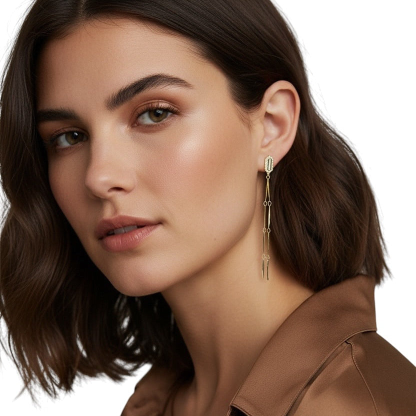 Pointed Rectangle CZ Double Drop Earrings on Model