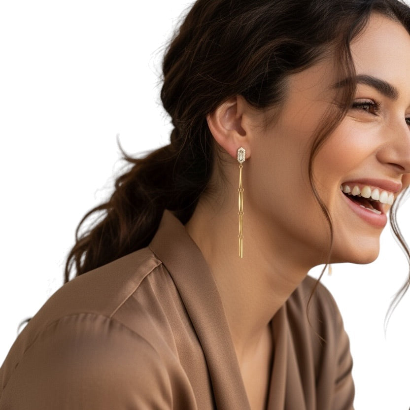 Pointed Rectangle CZ Double Drop Earrings on Model Laughing
