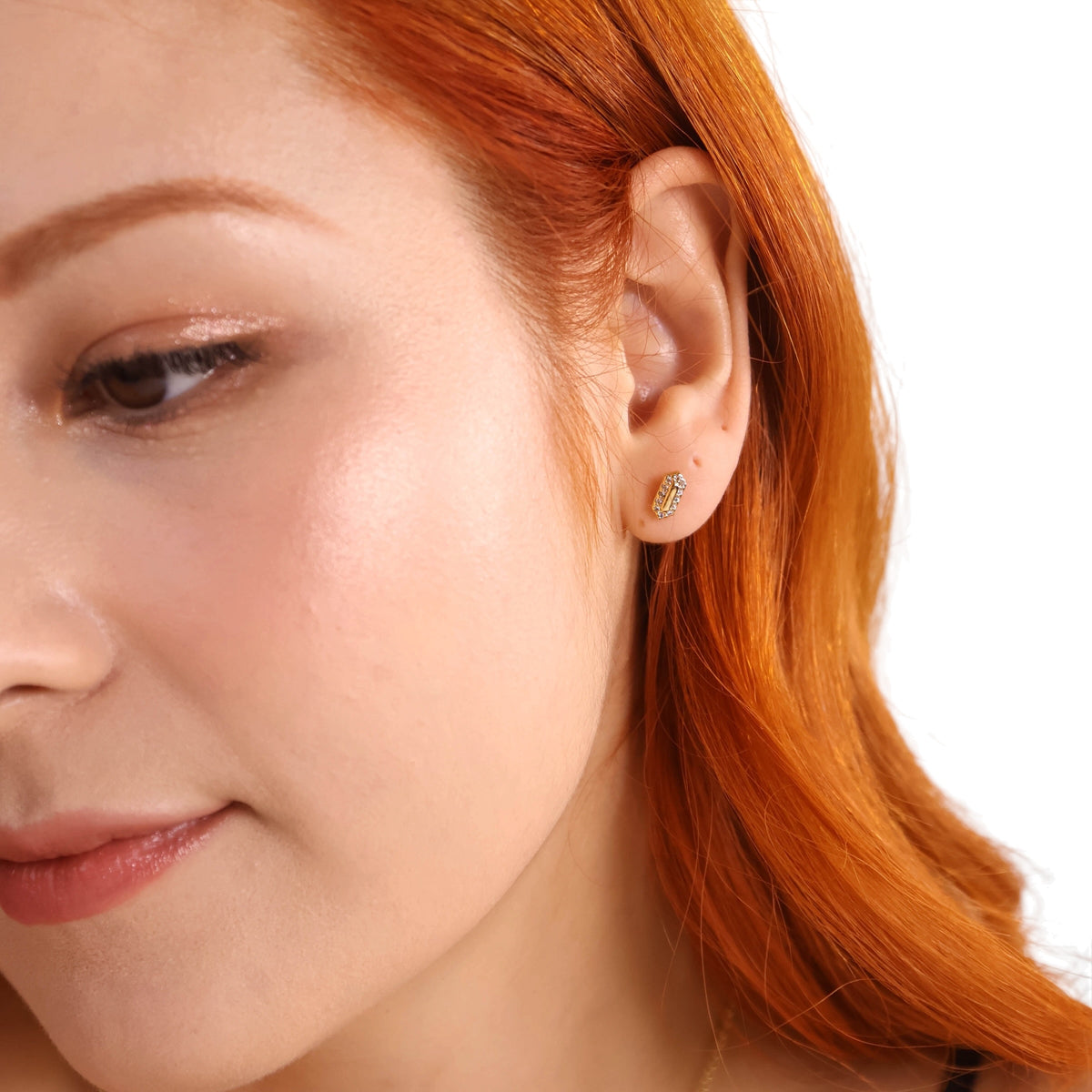 Pointed Rectangle CZ Stud Earrings on Model