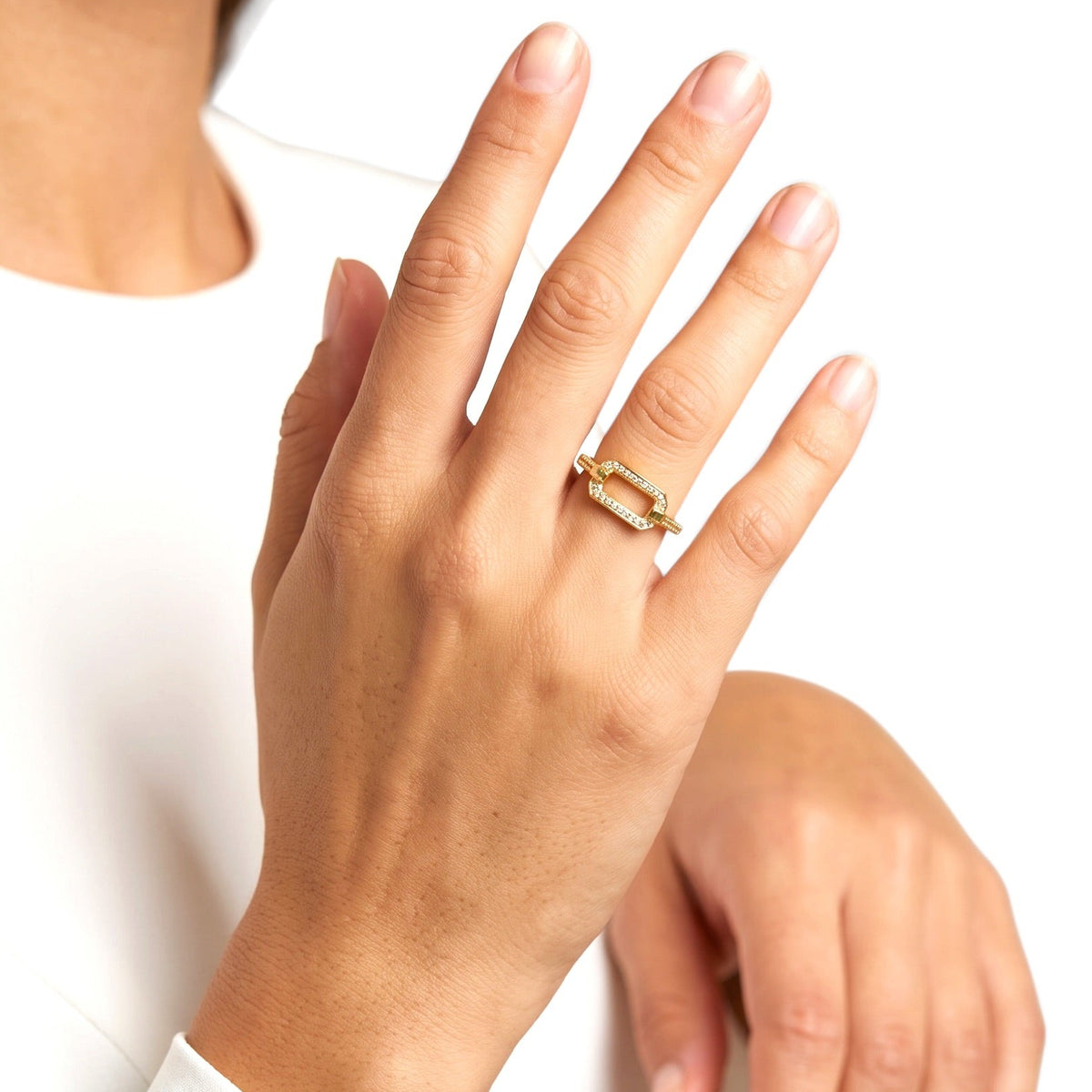 Rectangle Link Pavé CZ Ring on Model