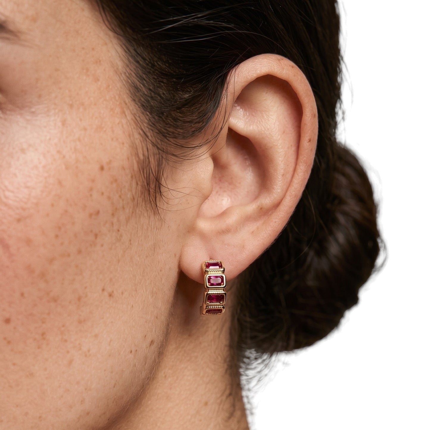 Red Cz Baguette 18K Gold Filled Stud Earrings on model