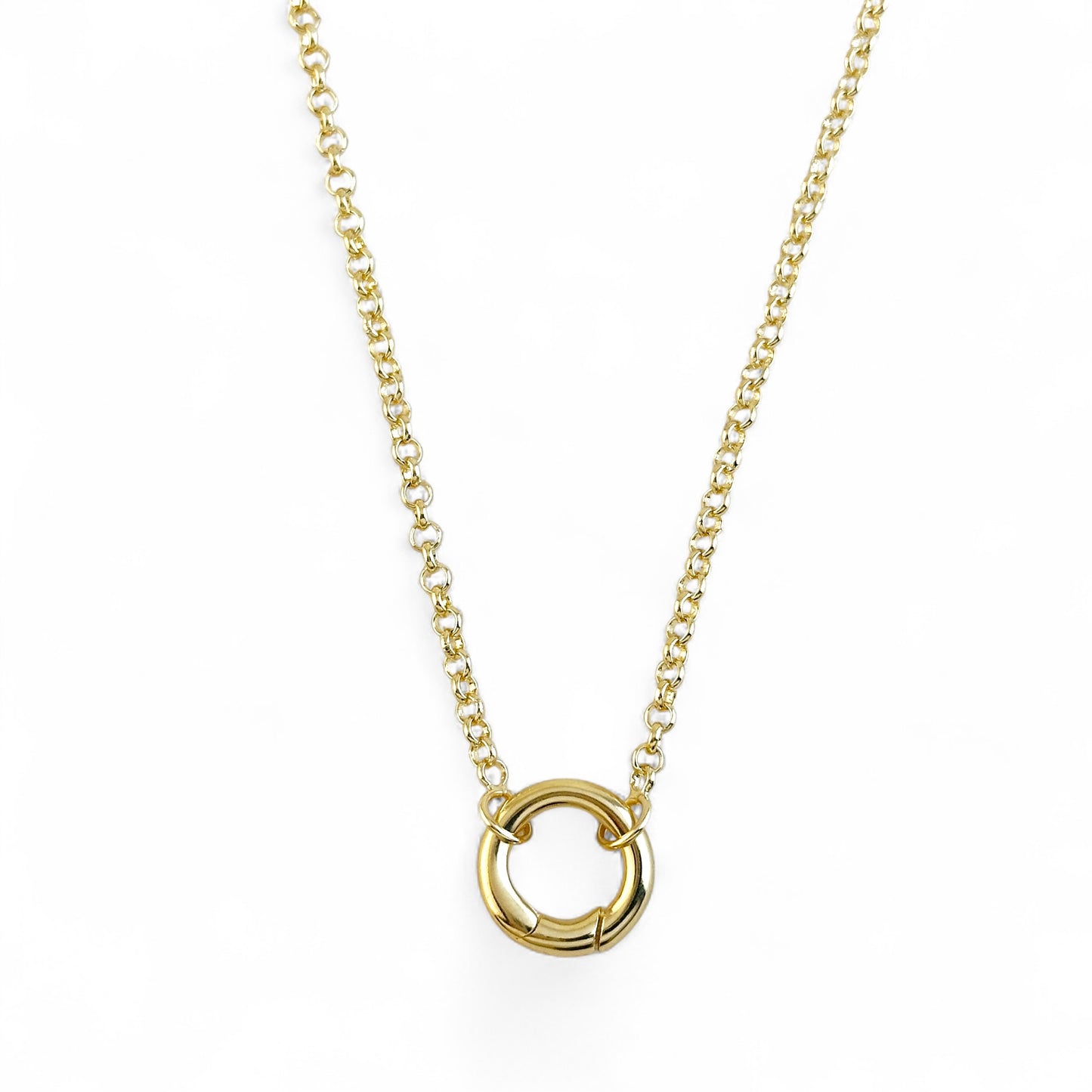 Rolo Chain Necklace with Carabiner Clasp in 18K Gold Filled on white background