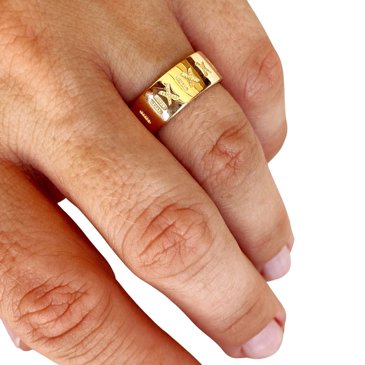 Roman Numeral Engraved Ring on hand