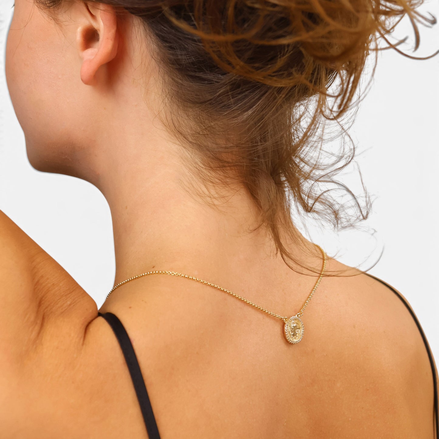 Saint Benedict CZ Scapular Necklace on model