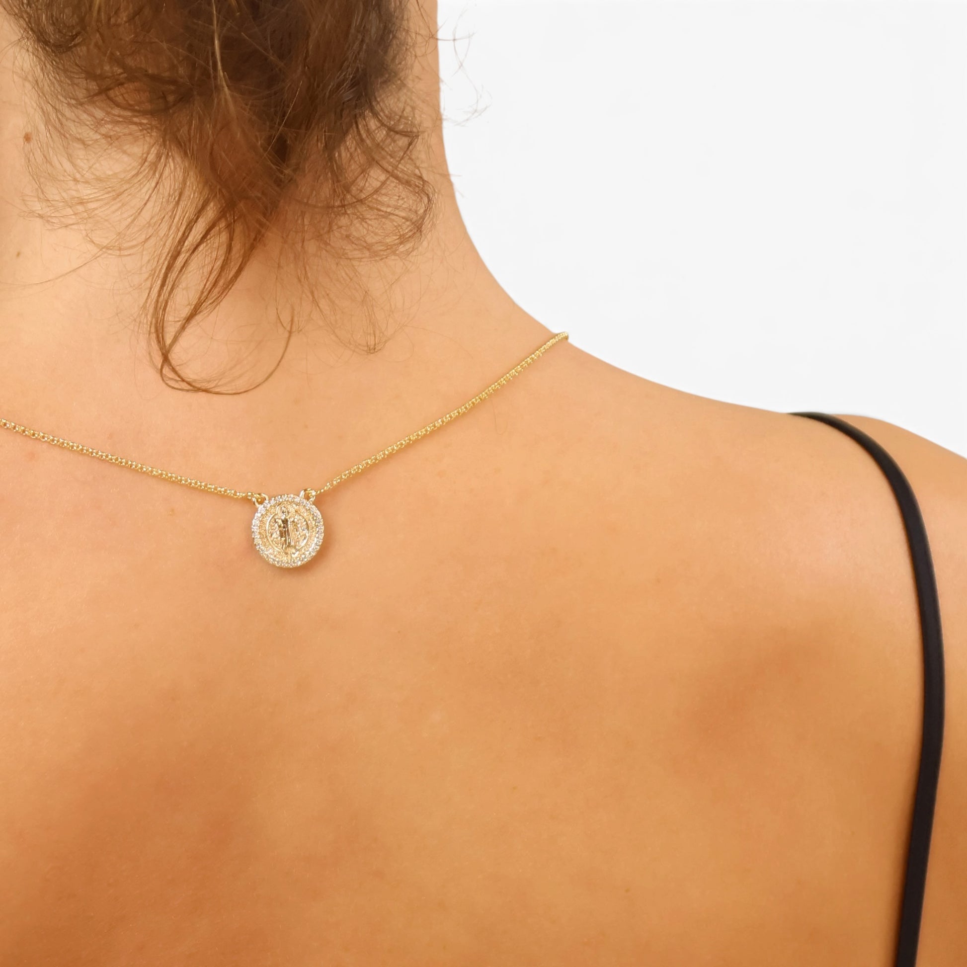 Saint Benedict CZ Scapular Necklace on model closeup