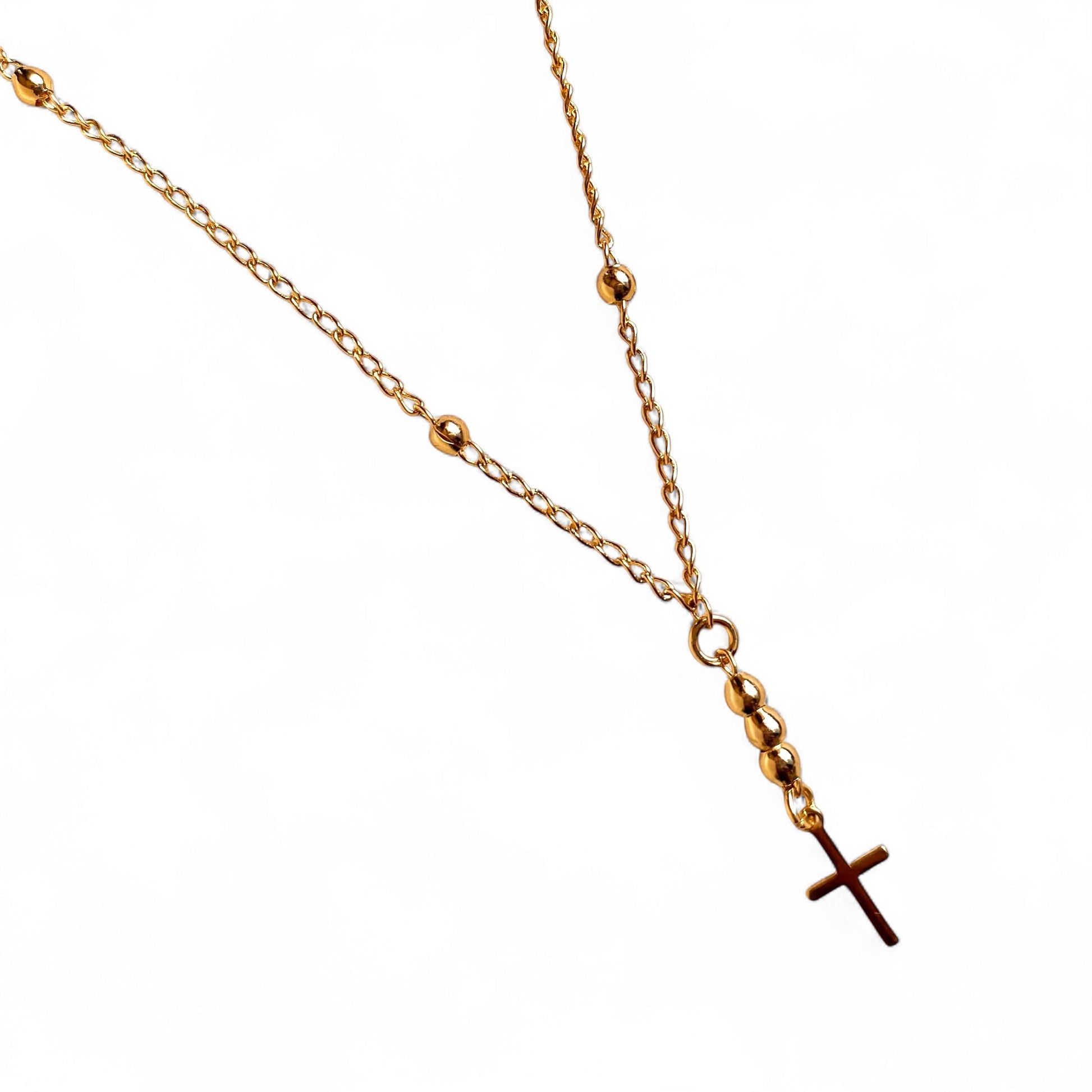 Simple Cross Beaded Chain Necklace in 18K Gold Filled