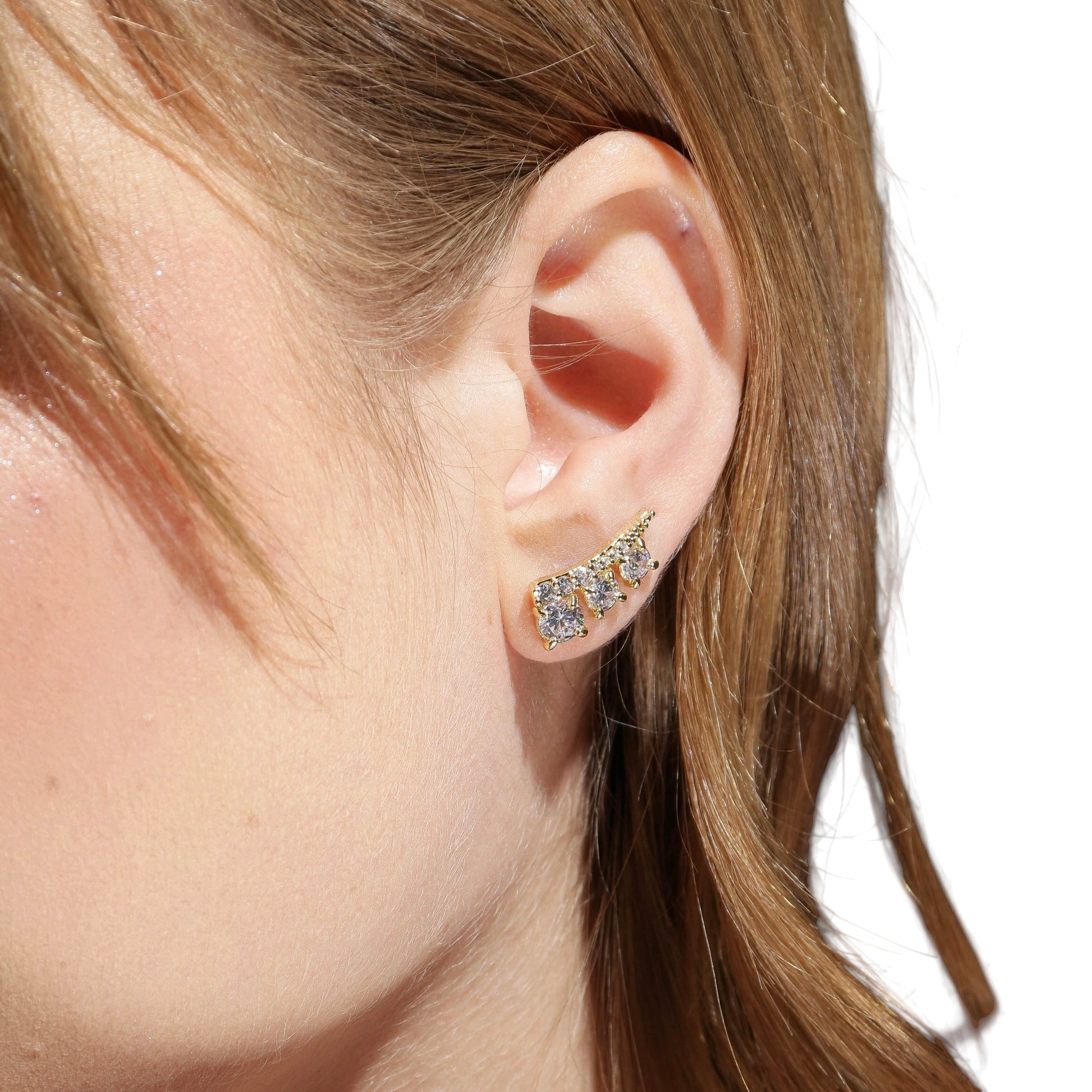Skillus 18K gold filled Triple Stone CZ Ear Climber Earrings on Ear