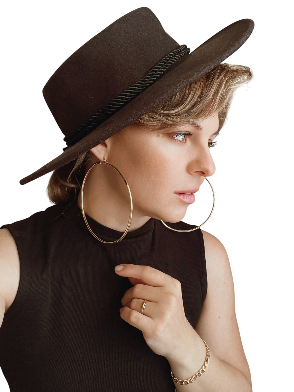 Skillus 18k Gold filled Oversized Hoop Earrings on Model