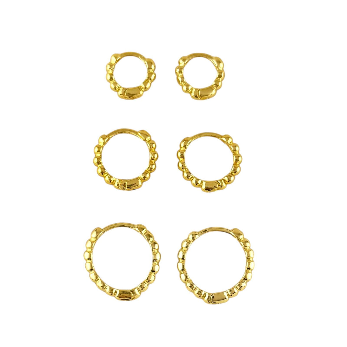 Skillus Beaded Huggie 18K Gold Filled Hoop Earrings 3 pair  on white background