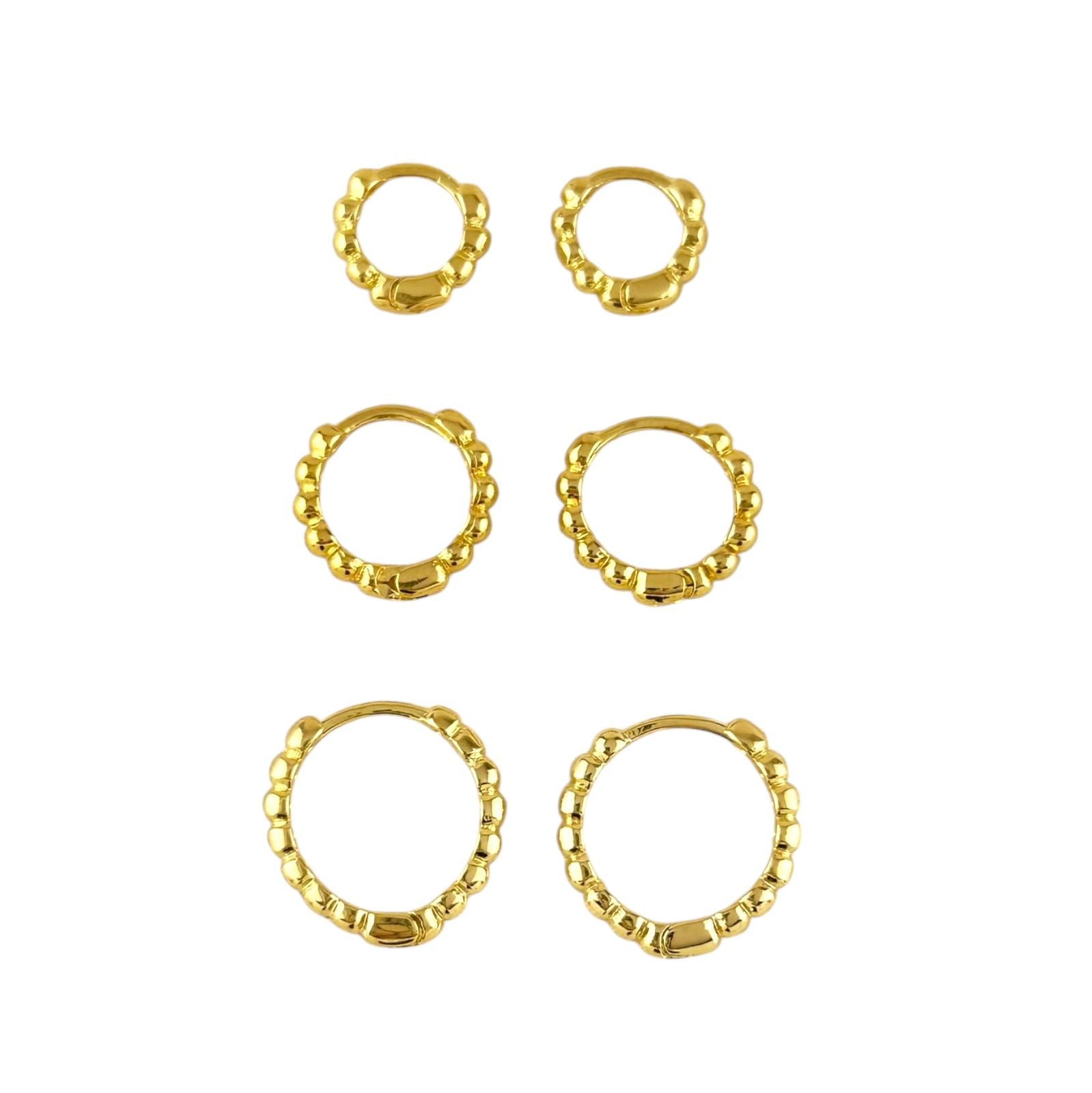 Skillus Beaded Huggie 18K Gold Filled Hoop Earrings 3 pair  on white background