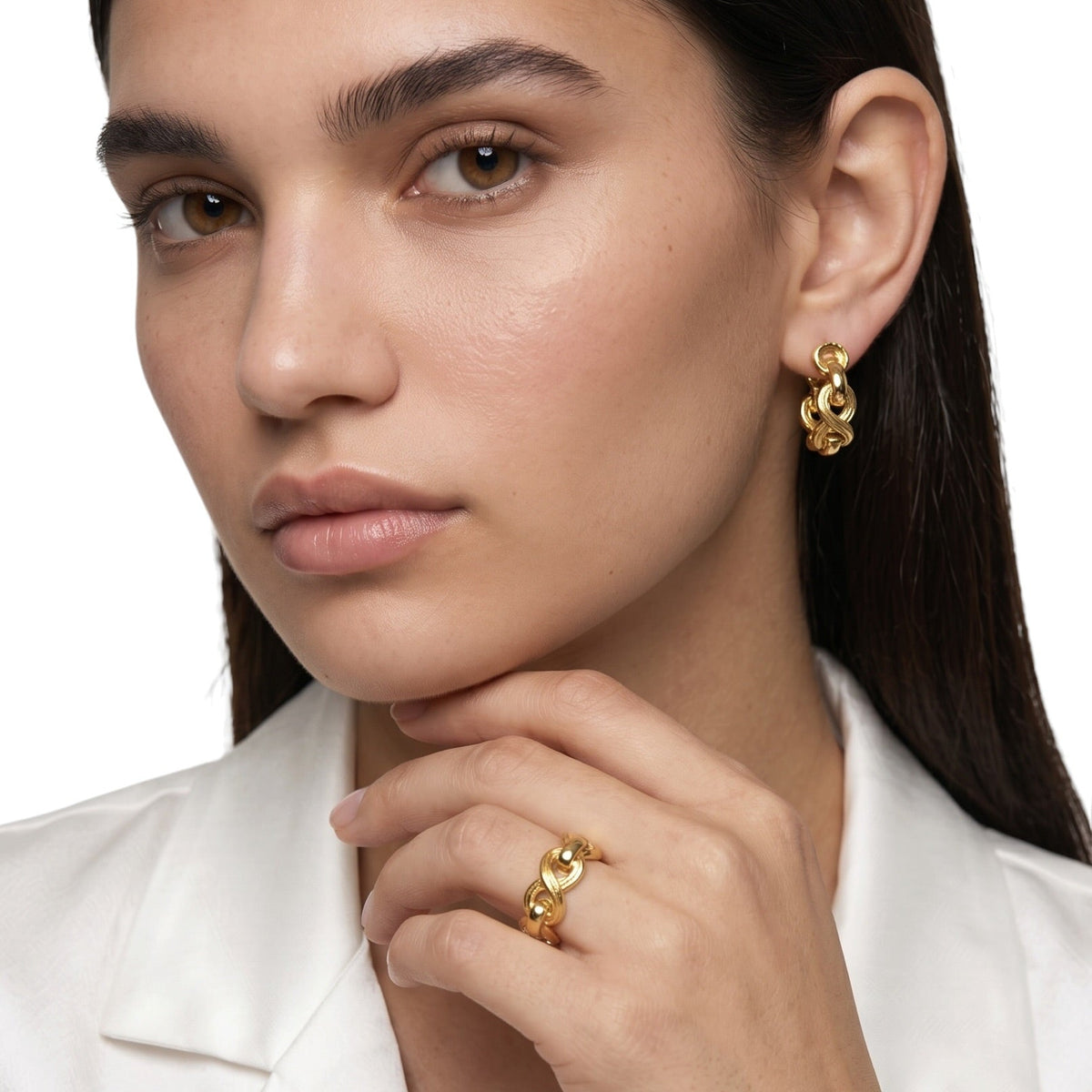 Skillus Braided Infinity Open Hoop Earrings and Ring on Model