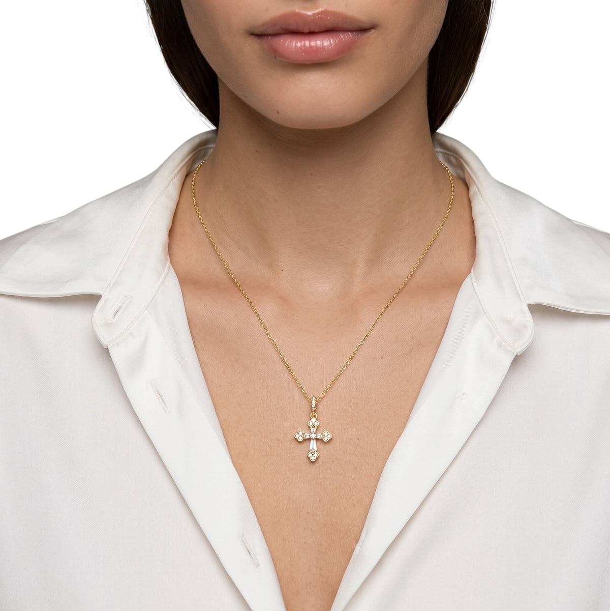 Skillus CZ Cross Charm Necklace on Model