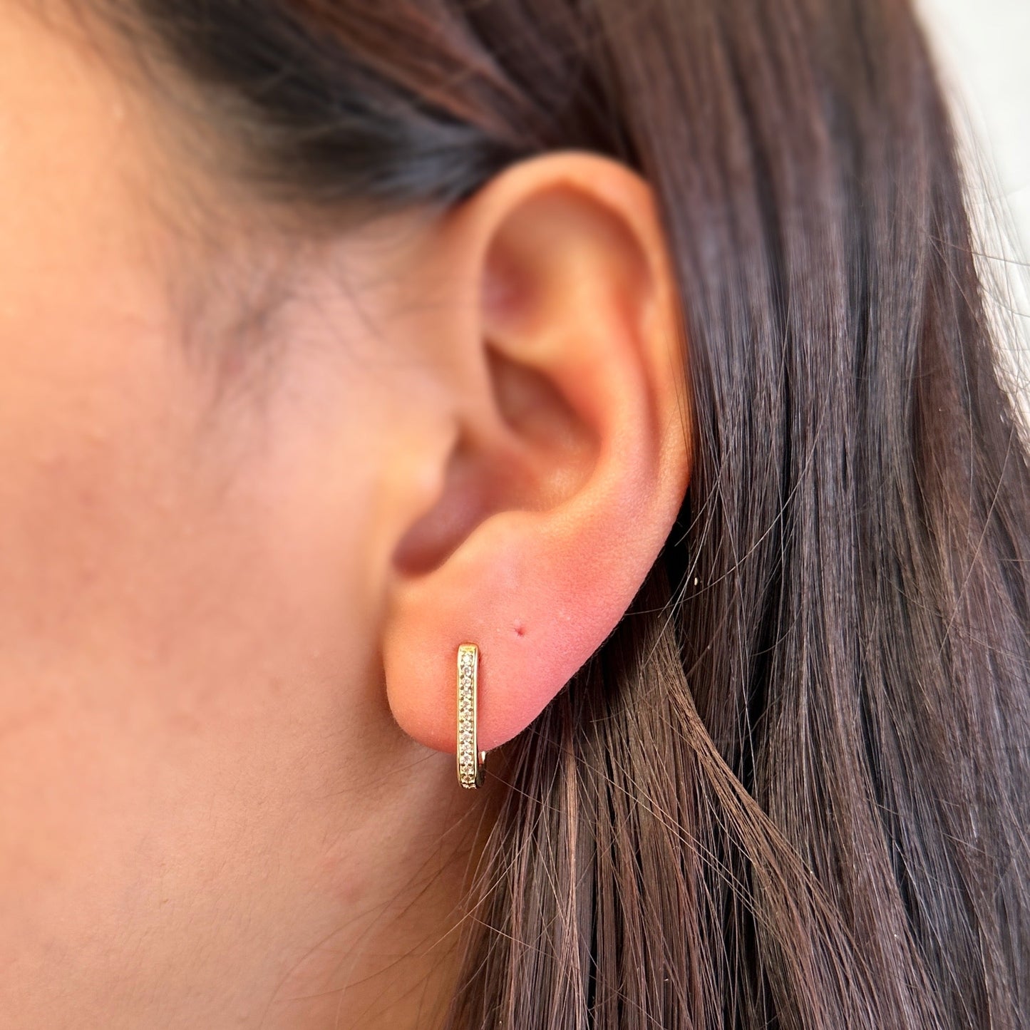 Skillus CZ Rectangle Huggie Earrings on Model