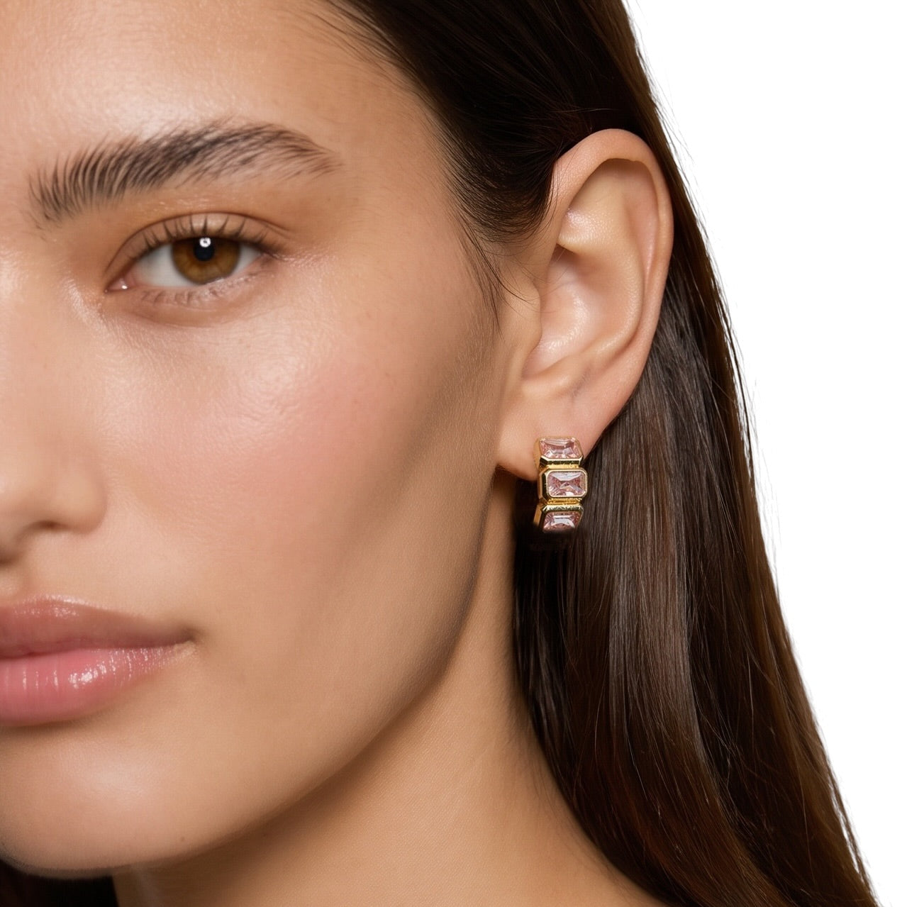 Skillus Clear Cz Baguette Stud Earrings on Model