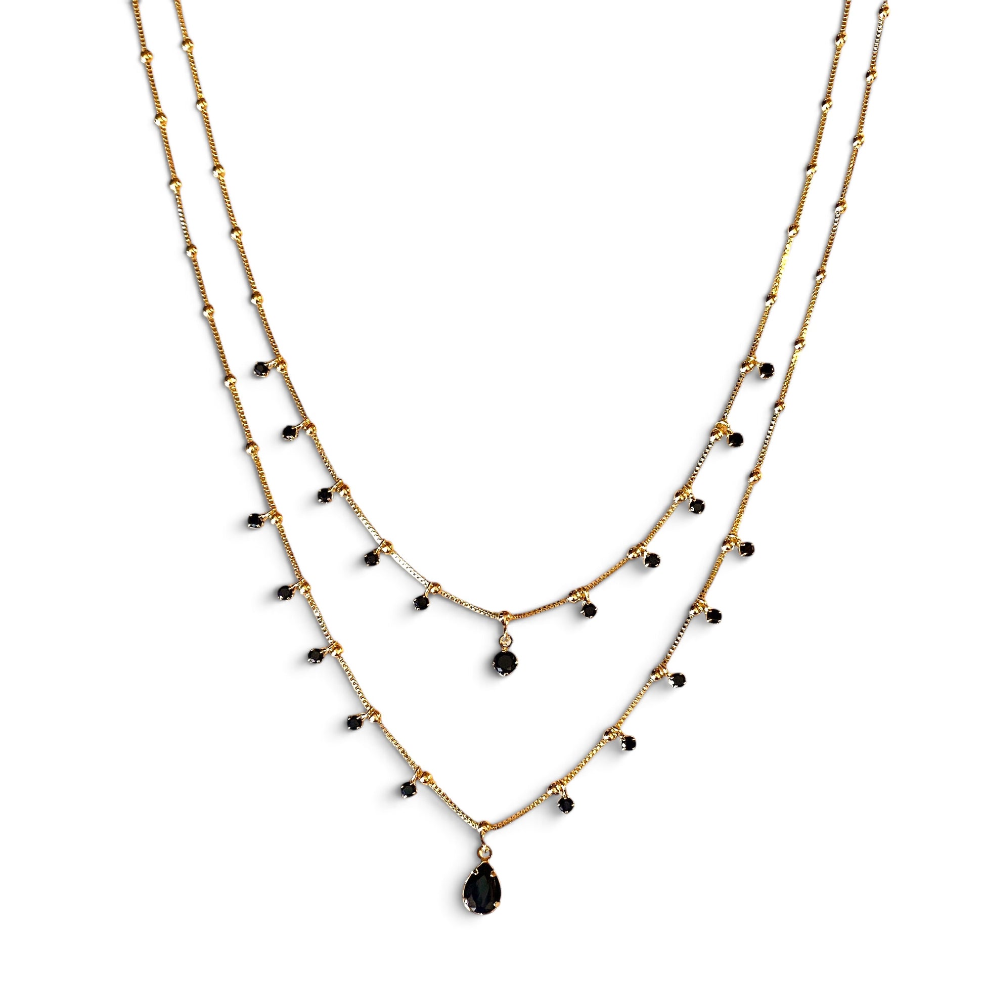 Skillus Double Chain Black CZ Teardrop Necklace