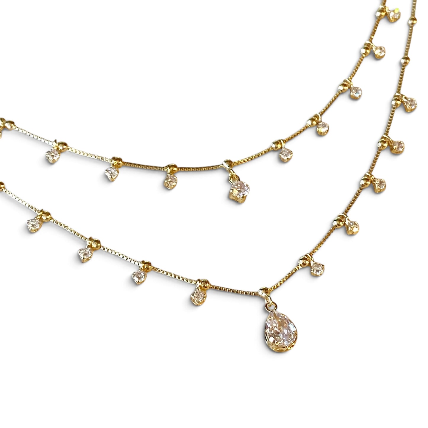 Skillus Double Chain CZ Teardrop 18K Gold Filled Necklace