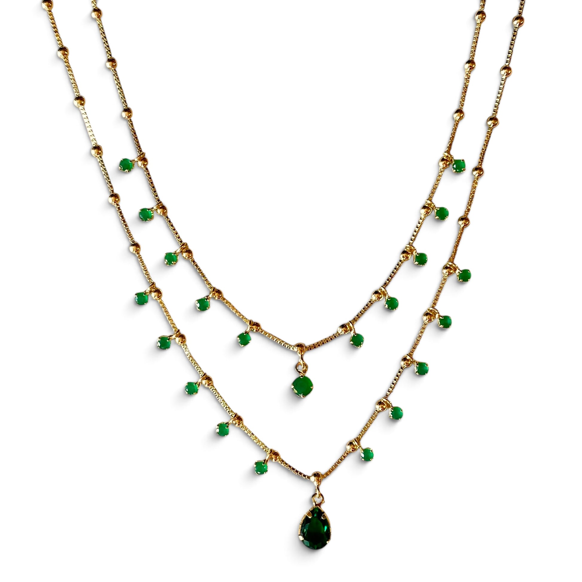 Skillus Double Chain Emerald CZ Teardrop Necklace