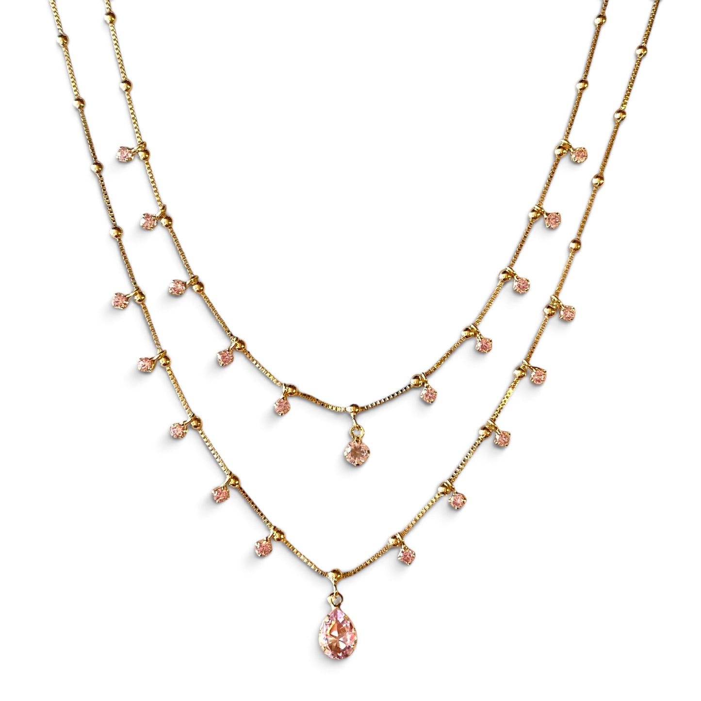 Skillus Double Chain Nude Pink CZ Teardrop Necklace