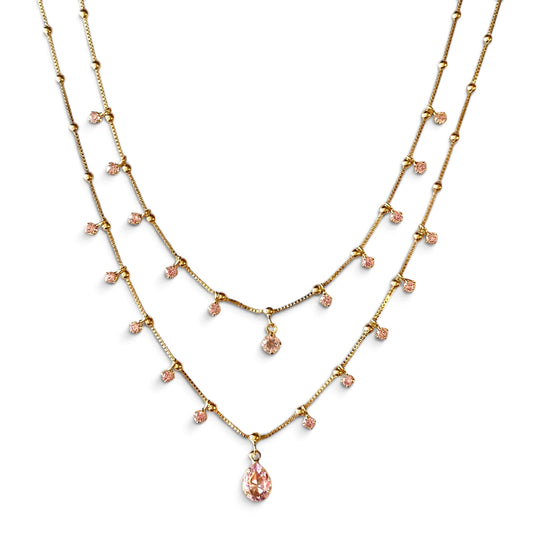 Skillus Double Chain Nude Pink CZ Teardrop Necklace