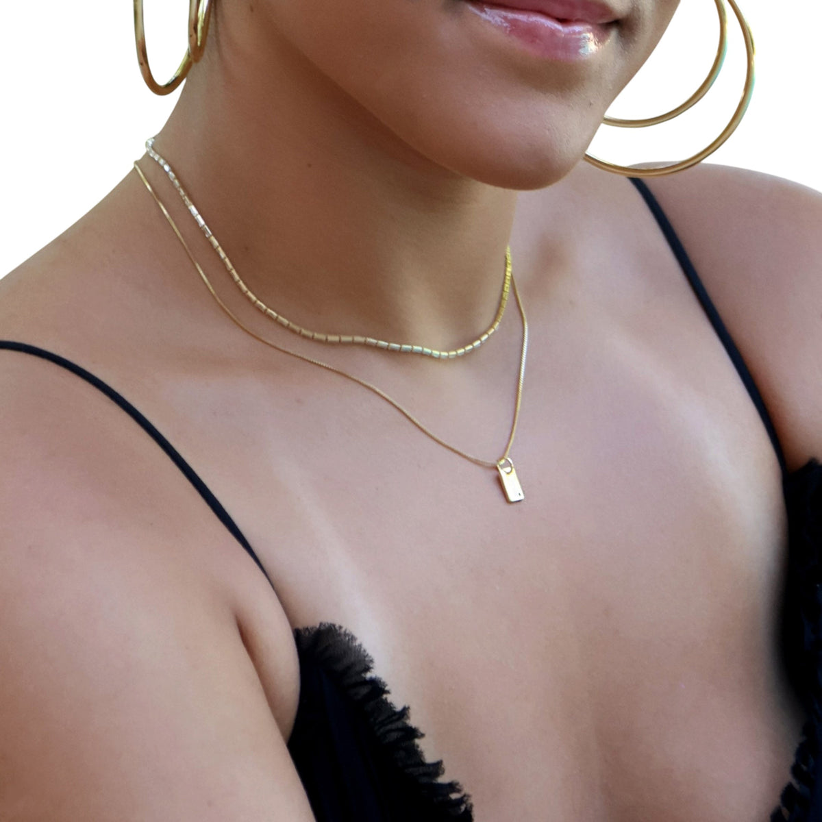 Skillus Engravable CZ Plate Necklace on Model Sideways