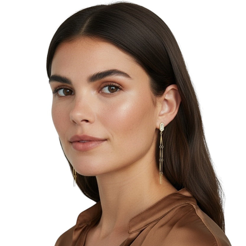 Skillus Pointed Rectangle CZ Double Drop Earrings on Model 