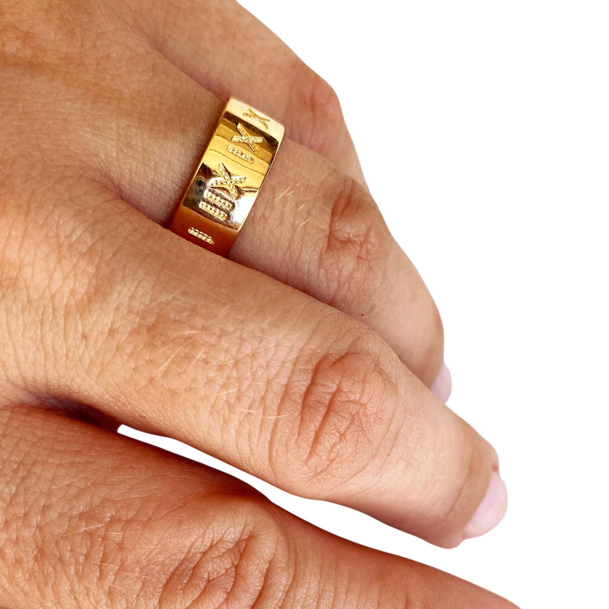 Skillus Roman Numeral Engraved Band on model