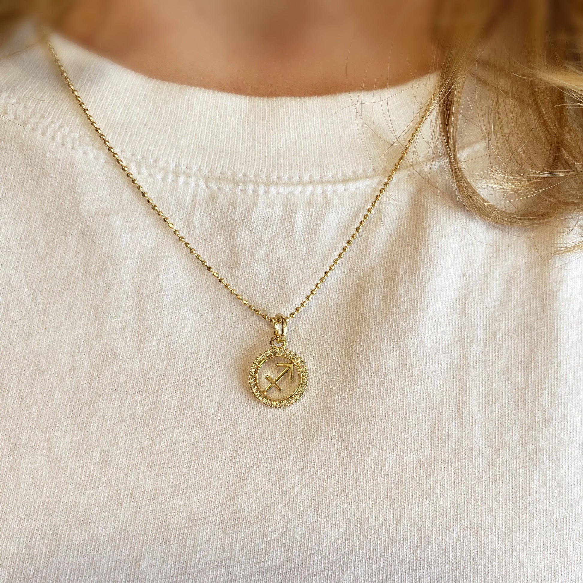 Skillus Sagittarius Zodiac CZ 18K Gold Filled Pendant on Model