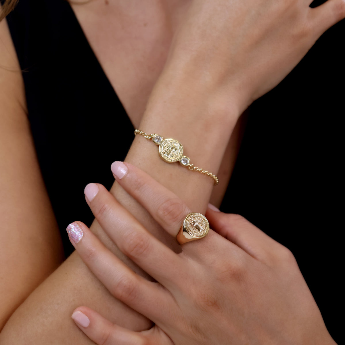 Skillus Saint Benedict Medal Bracelet and Ring on Model
