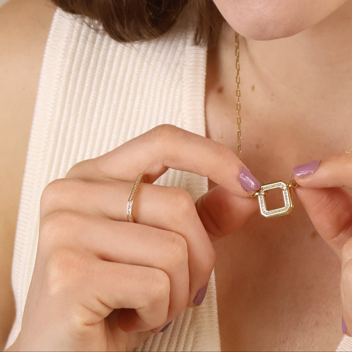 Skillus Square CZ Ring and Necklace on Model