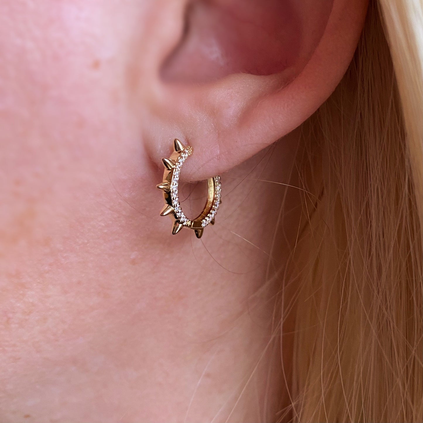 Spike CZ Huggie Hoop Earrings on Model