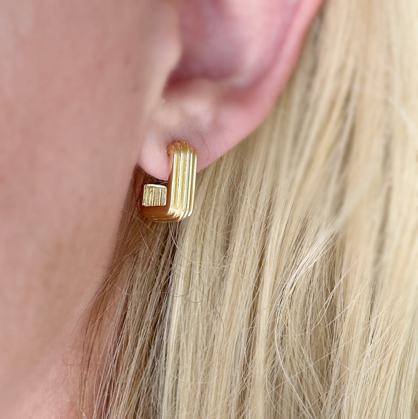 Square Frame Open Hoop Earrings on Ear