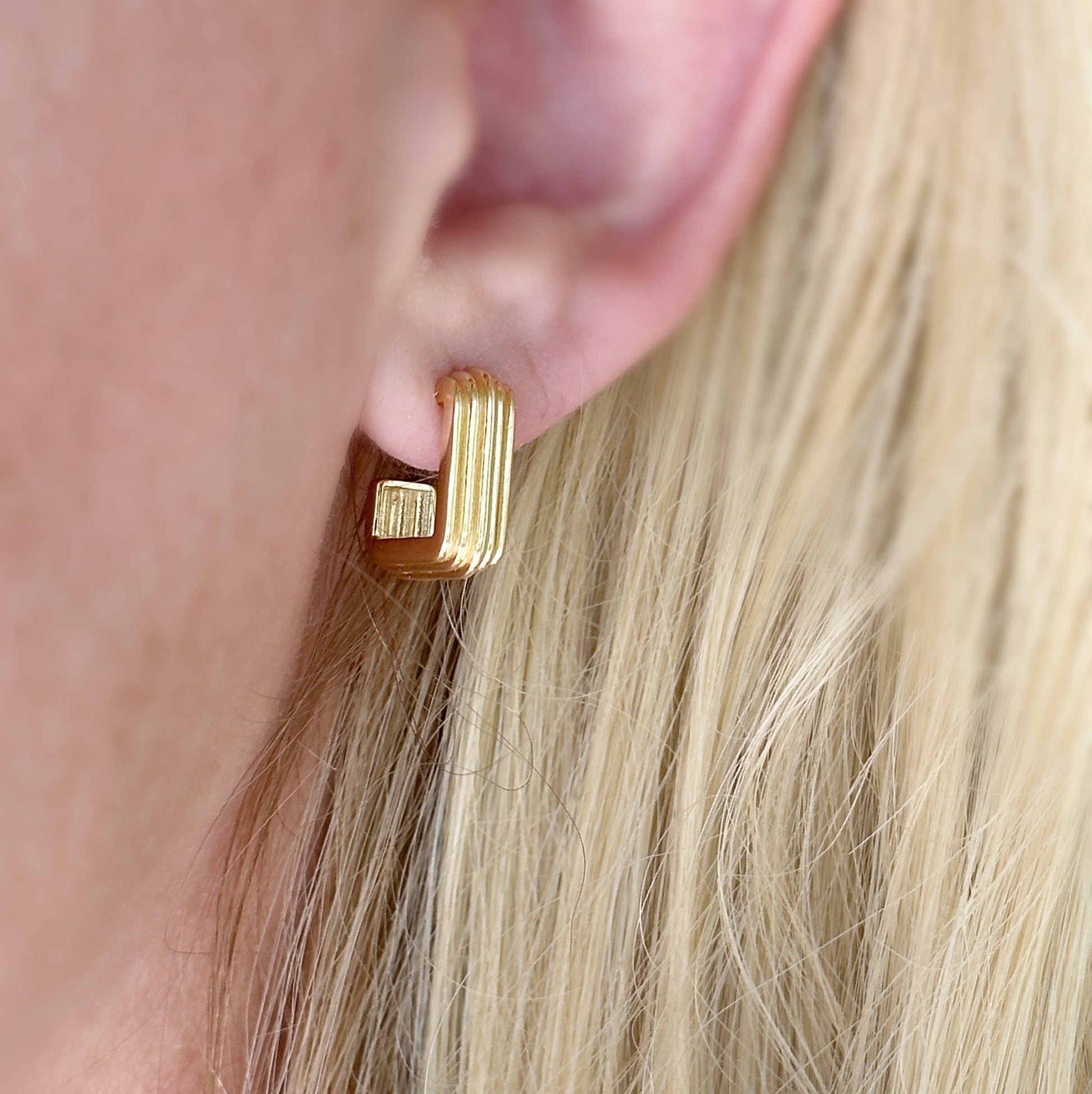 Square Frame Open Hoop Earrings on Ear