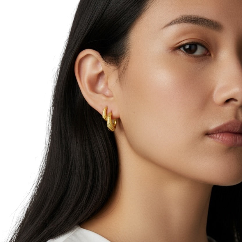 Textured Huggie Hoop Earrings on Woman