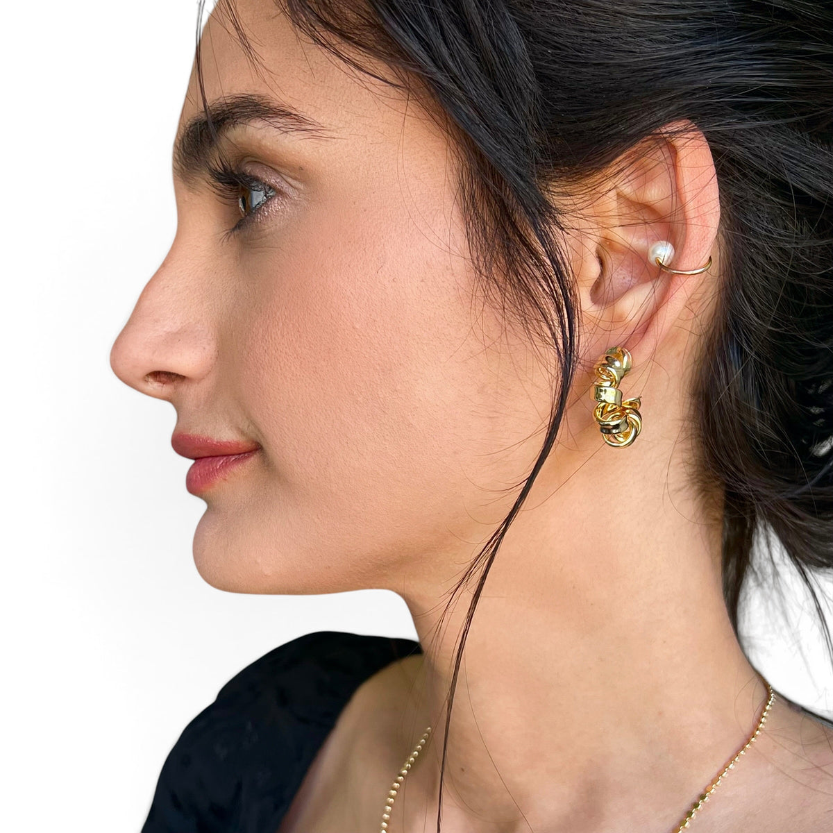 Twisted Ribbon Open Hoop Earrings on Model